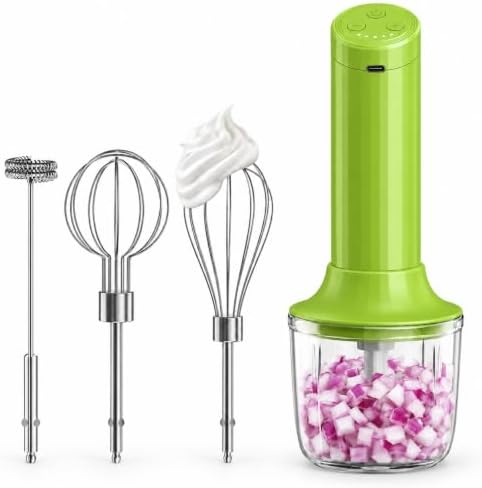 Cordless Hand Mixer, 4-in-1 Handheld Electric Mixer with Electric Whisk Frother & 10 oz Mini Food Chopper, USB-C Rechargeable 4-Speed Hand Mixer for Eggs, Cream, Coffee & Small-Batch Prep