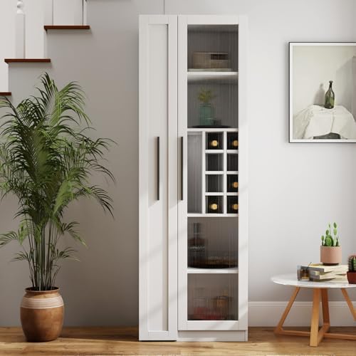 KEIKI Pull-Out Kitchen Pantry Storage Cabinet with Multi-Tier Shelf, Glass Doors, Spice Rack Next to Fridge, Freestanding Wood Hutch Food Pantries Cupboard for Coffee Bar, Dining Room, Narrow Spaces