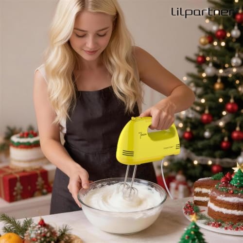 LILPARTNER Electric Hand Mixer with Storage Box, Ultra Power Kitchen Hand Mixer With 7-Speed & 5 Stainless Steel Accessories for Whipping Dough, Cream, Cake, Dishwasher Safe, LIGHT YELLOW BOX
