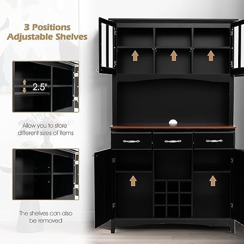 72.5'' Kitchen Pantry Cabinet, Tall Buffet Sideboard w/ 3-Position Adjustable Shelves & 9-Grid Wine Rack, Freestanding Microwave Cabinet for Kitchen, Dining Room, Living Room (Black)
