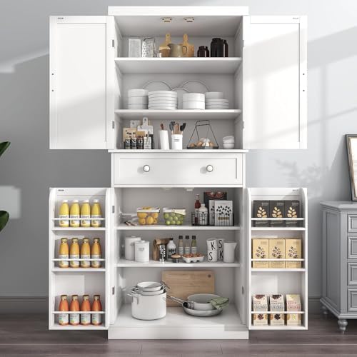 kepptory 72" Tall Kitchen Pantry Cabinet, Freestanding Storage Cabinet with Barn Doors and Drawer, Farmhouse Pantry Cupboard with Adjustable Shelves for Kitchen and Dining Room, White
