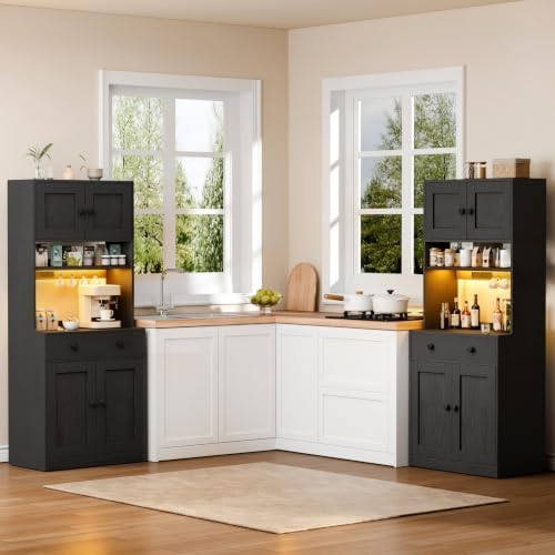 71" Tall Kitchen Pantry Cabinet with Microwave Countertop, LED Lights Black