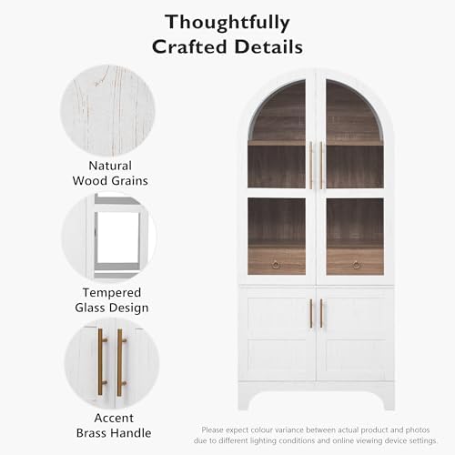 Ball & Cast Arched Kitchen Pantry Cabinet with Door Shelves,Farmhouse Cookroom Storage Cabinets W/Open & Adjustable Shelves,Glass Door & Hidden Drawer,Cupboard for Kitchen,Dining Room,White,71" Tall