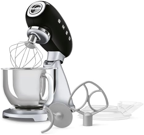 SMEG SMF04 5-Qt Classico Stand Mixer with Smooth Start & SteadyMix, 600W Motor, 10 Speeds, Stainless Steel Bowl & Pour Shield – Retro 50’s Style Planetary Mixer for Dough, Baking & Desserts-Black