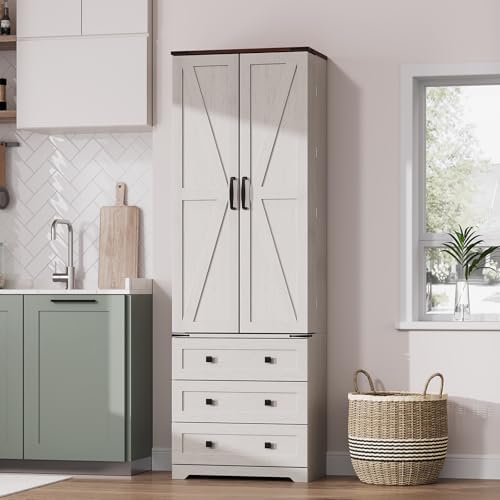 IDEALHOUSE Farmhouse Kitchen Pantry Cabinet - 72" Tall Large Wood Kitchen Storage Cabinets with Adjustable Shelves & 2 Barn Doors & 3 Drawer, Versatile Storage for Dining Room, Bathroom, Living Room