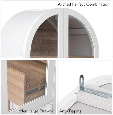 Merax 71" Farmhouse Arched Pantry Cabinet with Glass Doors & Hidden Drawer, Adjustable Shelves Storage Cupboard for Kitchen/Dining Room, White
