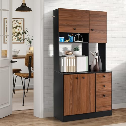LOKO 71” Tall Kitchen Pantry Storage Cabinet with 3 Drawer, 4 Doors, Walnut