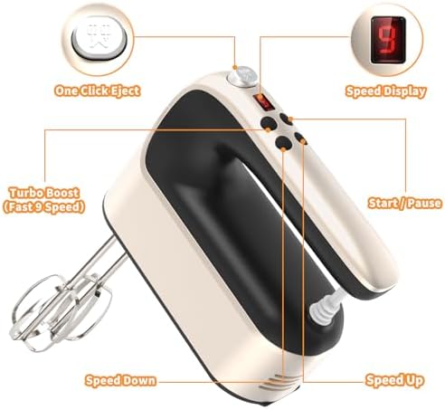 Yomelo 9-Speed Digital Hand Mixer Electric, 400W Powerful DC Motor, Hand Mixer Electric Handheld with Snap-On Storage Case, 5 Stainless Steel Accessories, Beaters, Dough Hooks, Whisk(Champagne Gold)