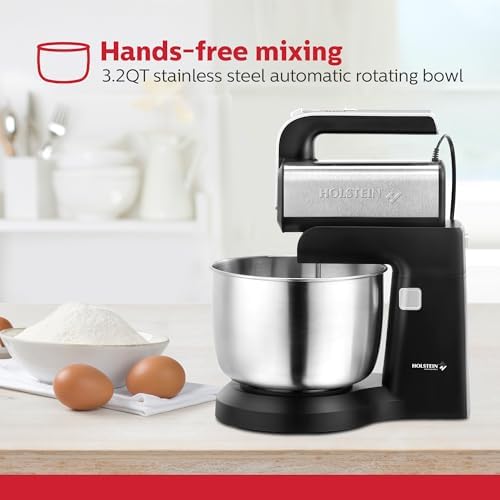 Holstein Housewares 5-Speed Hand and Stand Mixer, 250W Power with LED Light, Black and Stainless Steel – Versatile Mixer for Baking, Whipping, and More