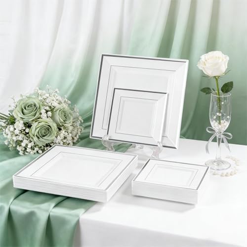 Festiva 350Pcs Silver Plates - Silver Square Plastic Plates 9 .5" and 6" - serve for 50 guests include 50 Cups 50Plastic Cutlery 50Hand Napkins Perfect for Party&Wedding&Birthday