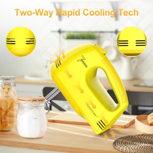 LILPARTNER Electric Hand Mixer with Storage Box, Ultra Power Kitchen Hand Mixer With 7-Speed & 5 Stainless Steel Accessories for Whipping Dough, Cream, Cake, Dishwasher Safe, LIGHT YELLOW BOX