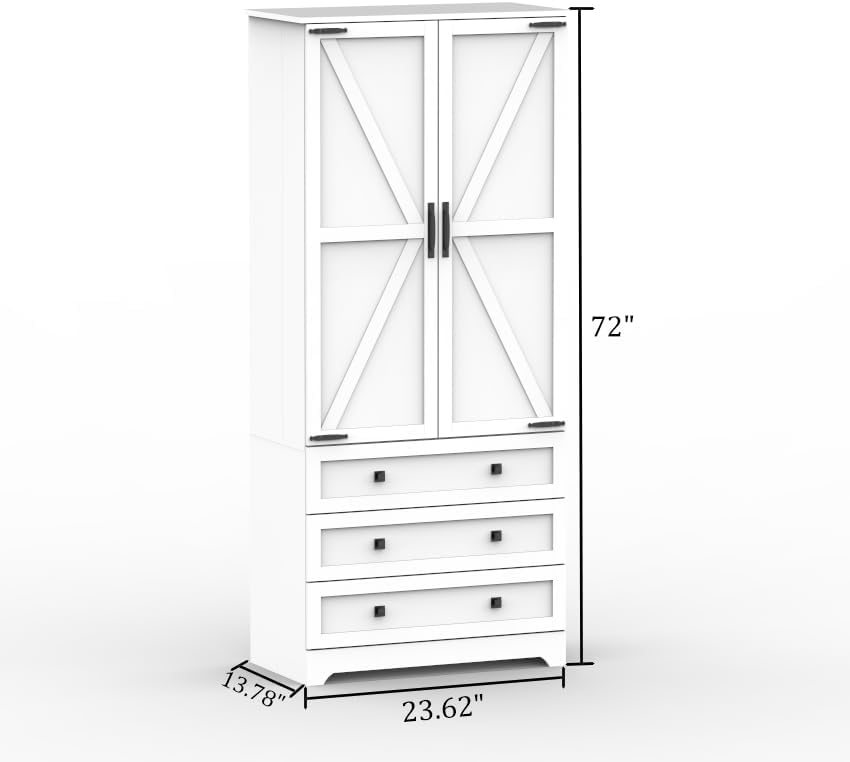IDEALHOUSE Farmhouse Kitchen Pantry Cabinet - 72" Tall Large Wood Kitchen Storage Cabinets with Adjustable Shelves & 2 Barn Doors & 3 Drawer, Versatile Storage for Dining Room, Bathroom, Living Room