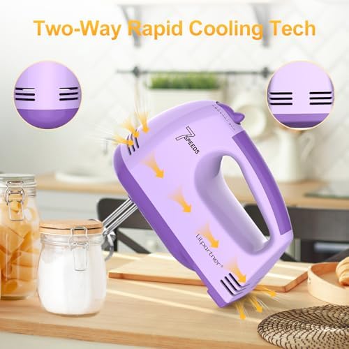 LILPARTNER Electric Hand Mixer with Storage Box, Ultra Power Kitchen Hand Mixer With 7-Speed & 5 Stainless Steel Accessories for Whipping Dough, Cream, Cake, Dishwasher Safe, LIGHT PURPLE BOX