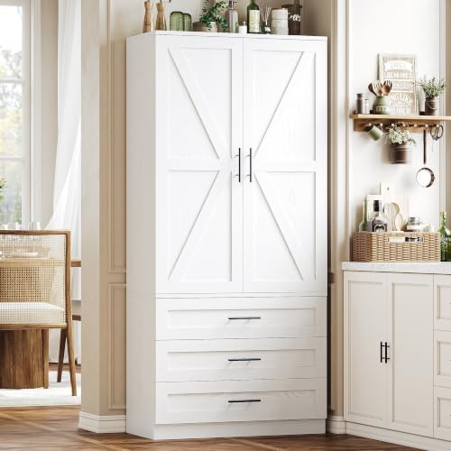 IRONCK Pantry Cabinet, 69 inch Tall Storage Cabinet with 3 Drawers, White