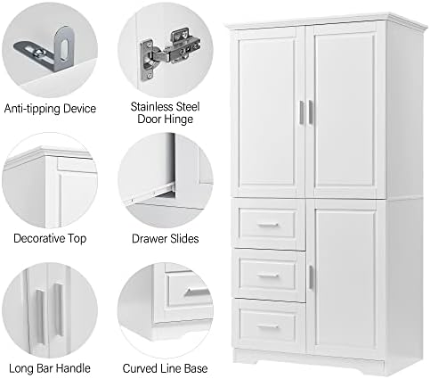 Merax 62.2" Pantry Cabinet with Three Doors & Three Drawers, Adjustable Shelves Storage Cupboard for Kitchen/Dining Room/Bathroom, White