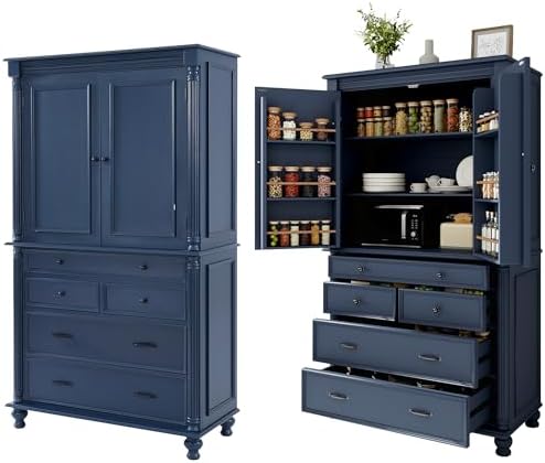 Merax 77" Tall Large Kitchen Pantry Storage Cabinet with 2 Doors & 2 Adjustable Shelves & 5 Drawers & 6 Side Door Shelves, Modern Freestanding Food Pantry for Dining Room, Living Room, Blue