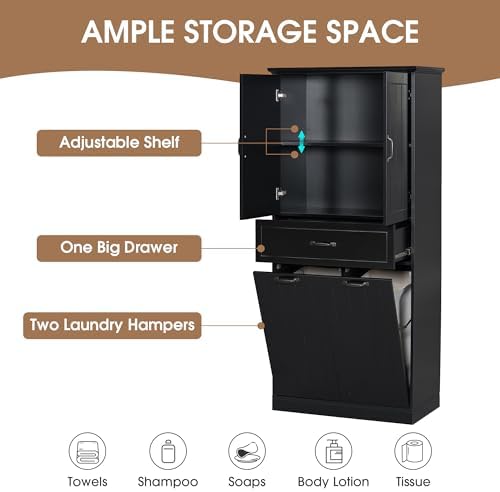 Merax 65.8" Pantry Cabinet with Two Doors & One Drawer & Two Laundry Hampers, Adjustable Shelves Storage Cupboard for Kitchen/Dining Room/Bathroom, Black