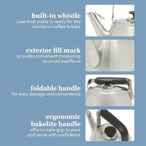 Sur La Table Kitchen Essentials 1.9-Quart Heavy Gauge Brushed Stainless Steel Whistling Tea Kettle – Durable Stovetop Kettle - Image 4