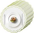 Set of 8 Cotton Linen Placemats, 15x15 Scalloped Flower Embroidery Cloth Table Mats Double Layered Fabric Machine Washable Wrinkle Free Dining Placemat for Restaurant Kitchen Decor, White with Green