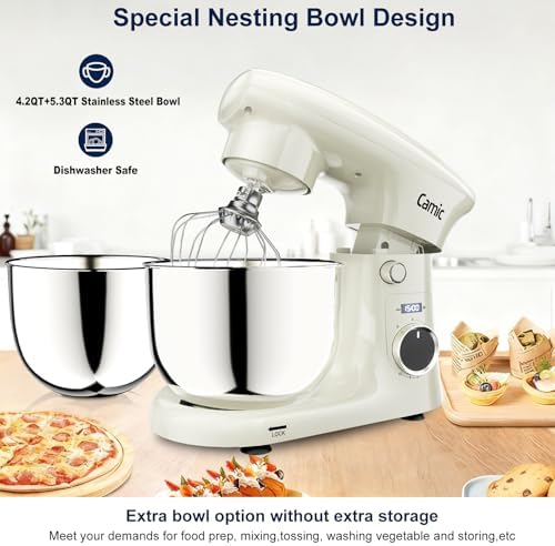 Camic Stand Mixer, 4.2QT+5.3QT Two bowls Electric Mixer,White
