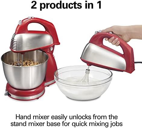 Hamilton Beach Classic Stand and Hand Mixer, 4 Quarts, 6 Speeds with QuickBurst, Bowl Rest, 290 Watts Peak Power, Red (64654)