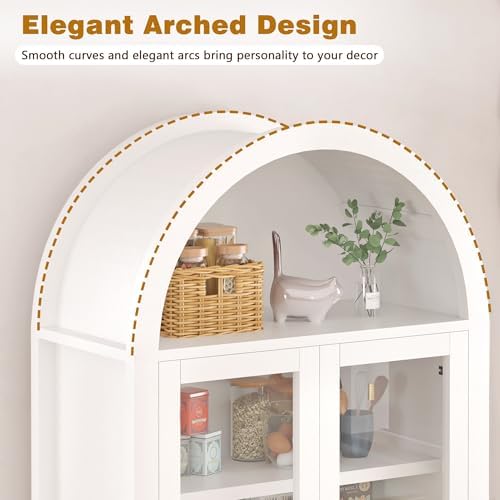 KEIKI 71" Tall Arched Kitchen Pantry Cabinet with Glass Door,Hidden Drawer,Farmhouse Storage with Adjustable Shelves Design for Kitchen,Living & Dining Room