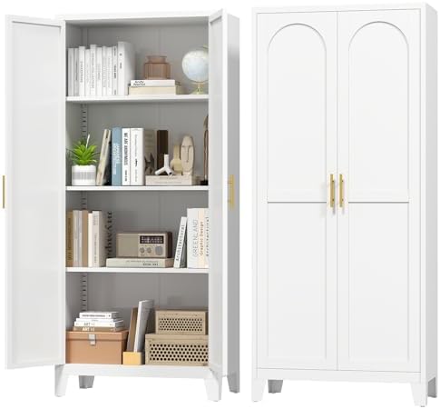 Zevemomo 61" H Metal Kitchen Pantry Cabinet, Freestanding Cupboard with 2 Doors and 3 Adjustable Shelves, Tall Metal Storage Cabinet for Kitchen, Bathroom, Dining Room or Laundry Room （White）