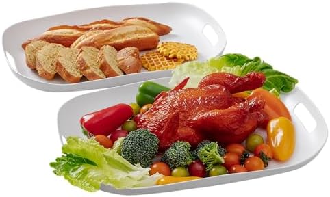 Extra Large Serving Platter, Set of 2, 18.75 x 14.375 x 2 Inch Large Melamine Serving Tray with Handle,Rectangular Serving Trays for Party, Big Turkey Platter, Dishwasher Safe, Matte White