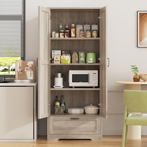 Shintenchi 65" Kitchen Pantry Cabinet, Farmhouse Storage, Ash Gray