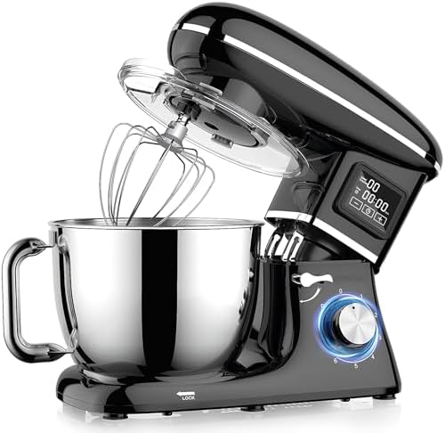 Electric Stand Mixer with LED Display & Timer 6.5QT Bowl Stainless Steel, 1350W 6-Speeds Kitchen Stand Up Mixer for Baking Cakes Cookie Bread Salad Food with Egg Whisk, Dough Hook, Beater