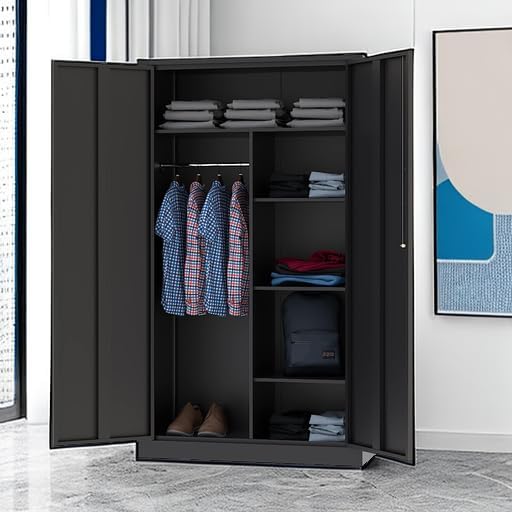 Letaya Metal Storage Cabinets Locker with Lock Door, 72'' Clothing Coat Steel Storage Freestanding Wardrobe for Office, Home, School, Employee,Gym,Fire Department (Black)