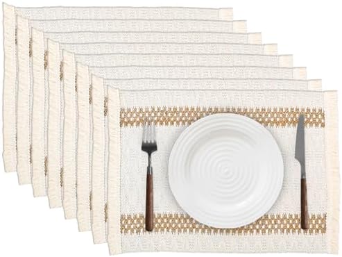 Niviy Boho Placemats Set of 8, 12x18 Inch Natural Cotton Burlap and Kitchen Woven Placemats with Tassels for Dining Table Centerpiece Thanksgiving Home Decorations