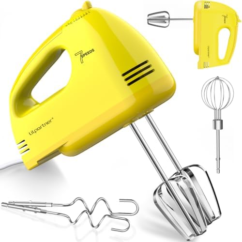 LILPARTNER Hand Mixer Electric, Ultra Power Kitchen Hand Mixer With 7-Speed & 5 Stainless Steel Accessories for Whipping Dough, Cream, Cake, Dishwasher Safe, Light Yellow