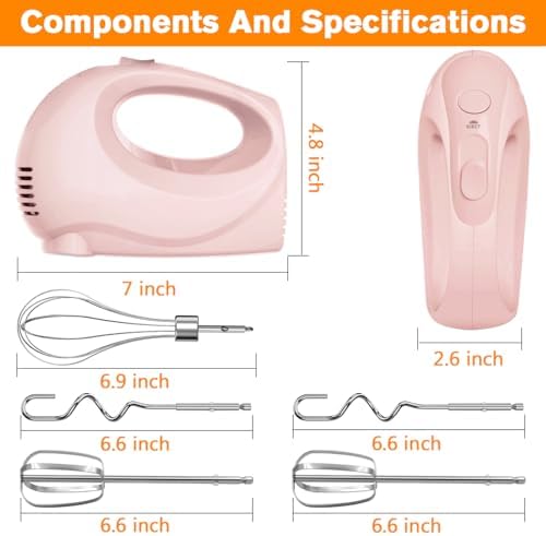 Showvigor Electric Hand Mixer with 5 Stainless Steel Whisks,5 Speed,Pink