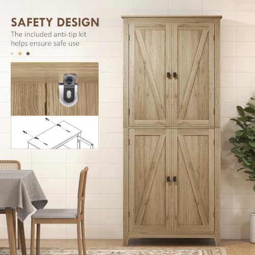 HOMCOM 72" Freestanding Kitchen Pantry Cabinet, Farmhouse 4-Door Natural