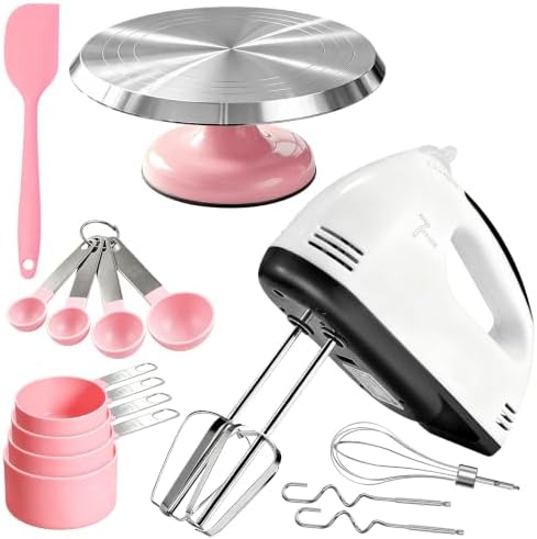 Showvigor 300W Electric Hand Mixer with 12'' Cake Turnable Stand Set
