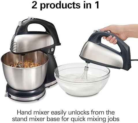 Hamilton Beach Classic Stand and Hand Mixer, 4 Quarts, 6 Speeds with QuickBurst, Bowl Rest, 290 Watts Peak Power, Black and Stainless