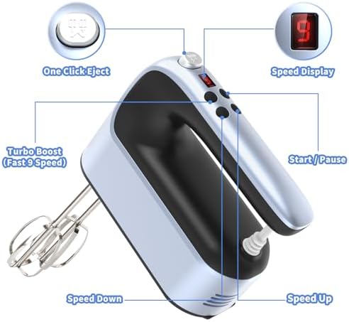 Yomelo 9-Speed Digital Hand Mixer Electric, 400W Powerful DC Motor, Hand Mixer Electric Handheld with Snap-On Storage Case, 5 Stainless Steel Accessories, Beaters, Dough Hooks, Whisk(Ocean Blue)
