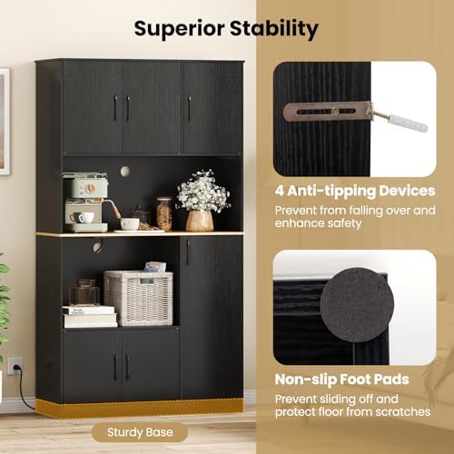 Giantex Kitchen Pantry Cabinet, 71” Tall Kitchen Hutch with Power Outlet, Wooden Microwave Stand with Large Countertop & 4 Storage Cabinets, Modern Cupboard for Kitchen, Dining Room, Coffee Bar, Black