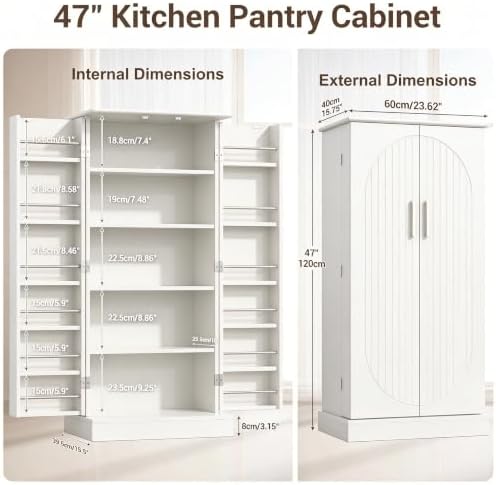 kepptory 47" Kitchen Pantry Storage Cabinet, Freestanding Tall Cabinet with Doors and Adjustable Shelves, Large Food Storage Organizer for Kitchen, Dining Room, Living Room, Farmhouse Cupboard, White