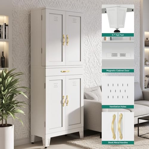 YITAHOME 71" Metal Pantry Cabinet with Drawer, Shelves & Door Racks, White