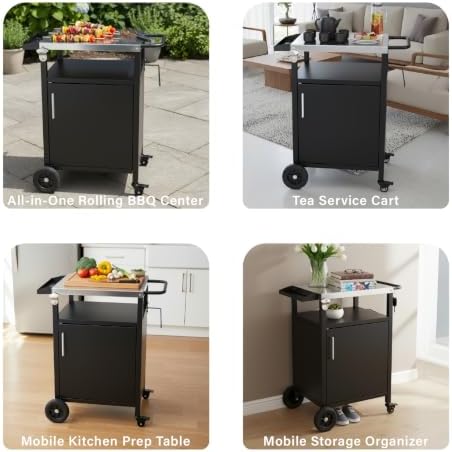 Outdoor Grill Table Cart with Storage Cabinet, Stainless Steel Outdoor Kitchen Island on Wheels, Mobile BBQ Prep Station with Bottle Opener, Seasoning Tray, Black