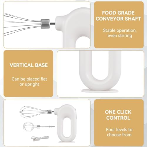 4 Speed Electric Hand Mixer, Mini 4 Speed Adjustable Cordless USB Rechargeable Electric Whisk Hand Mixer Portable Handheld Mixer 1500mAh Egg Beater (White)