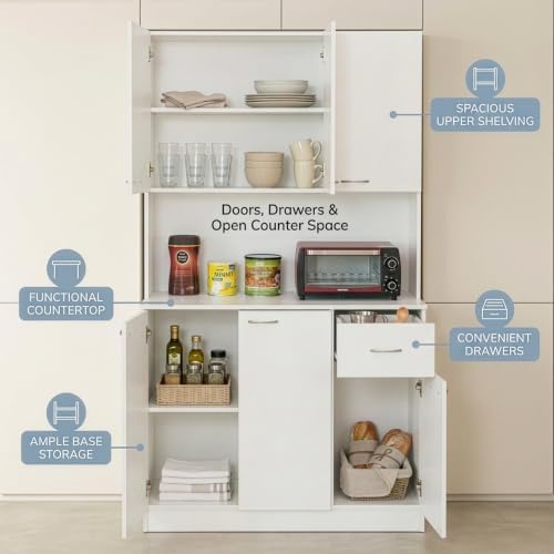 Basicwise Kitchen Storage Hutch with Doors & Shelves - 71 Inch Tall Wood Organizer, Deep Cupboard with Drawers, Modern Freestanding Unit for Dining Room, Bathroom, White - Versatile Pantry Cabinet