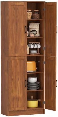 HOMCOM 67" Freestanding Kitchen Pantry 4-Door Cabinet Distressed Teak