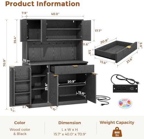 Jocoevol Fluted Kitchen Pantry Storage Cabinet with Charging Station & LED Lights,71" Tall Kitchen Hutch with Microwave Stand, Adjustable Shelves,Storage Doors (Black, 41 * 71 * 15.7)
