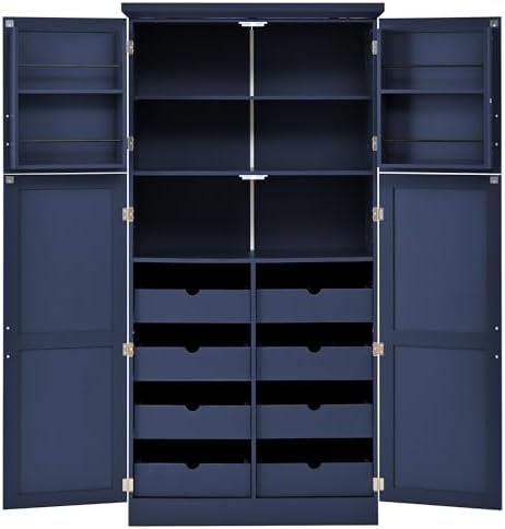 Merax 35.5x17.6x70.9 inches Freestanding Kitchen Pantry Cabinet, Tall Storage Cabinet with 4 Doors, 2 Door Shelves, 8 Pull-Out Trays and Adjustable Shelf for Dining Room, Blue