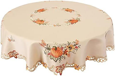Simhomsen Large Embroidered Fall Autumn Harvest Pumpkins Tablecloth for Thanksgiving (Round 90 inches)