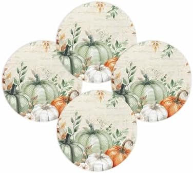 Fall Round Placemats Set of 4 Thanksgiving Sage Green Pumpkin Place Mats Washable Woven Placemat Floral Autumn Eucalyptus Leaves Circle Braided Table Mat for Kitchen Holiday Party Fall Decor 15 Inch