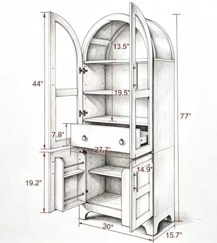 KEIKI 77" Arched Kitchen Pantry Cabinet with Glass Doors, White